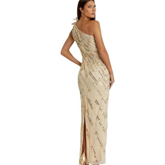 Mac Duggal Gold Embellished Floral Detail One Shoulder Gown NWT Size 8 - Picture 2 of 10